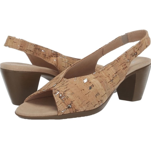 Munro Rochelle Slingback Sandal Natural Cork Metallic Flecks Peep Toe Sz 8SS - Picture 1 of 14